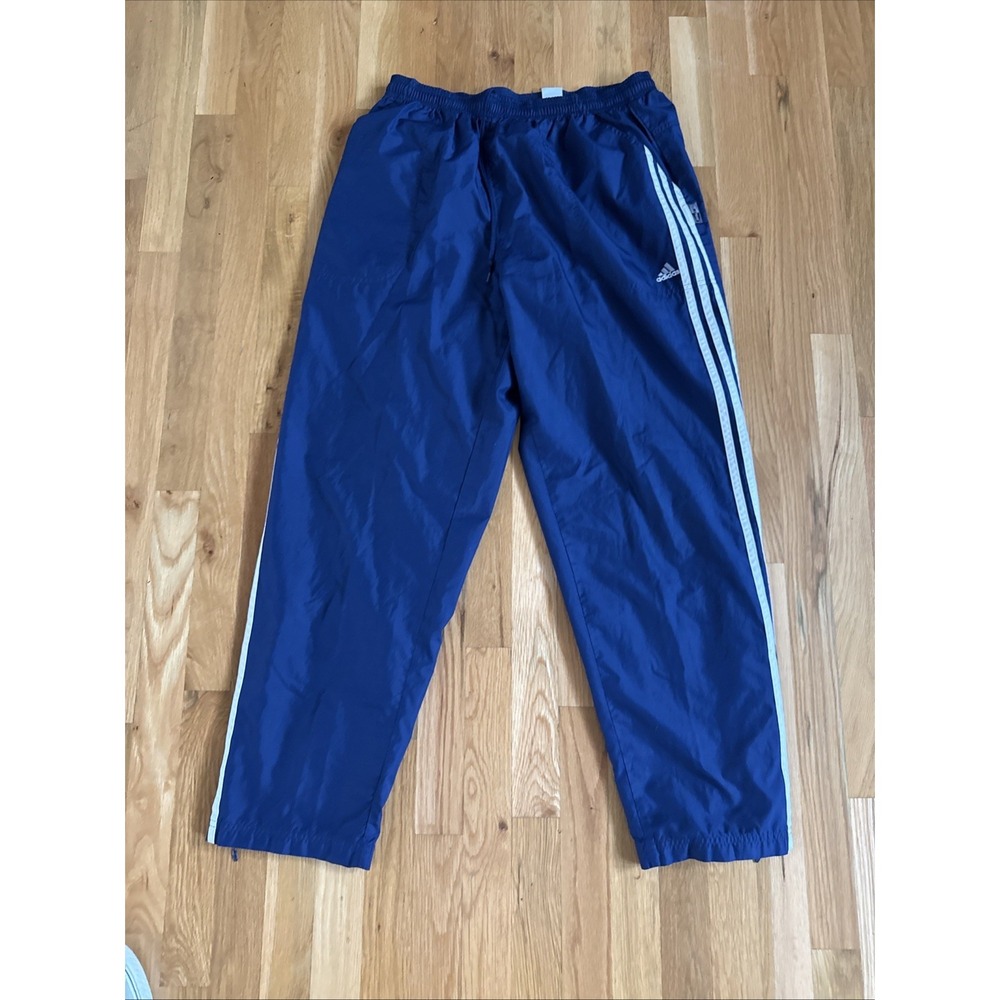 Vintage Y2K Adidas Track pants Men's L Blue 3 Stripe Windbreaker Nylon Wide Leg
